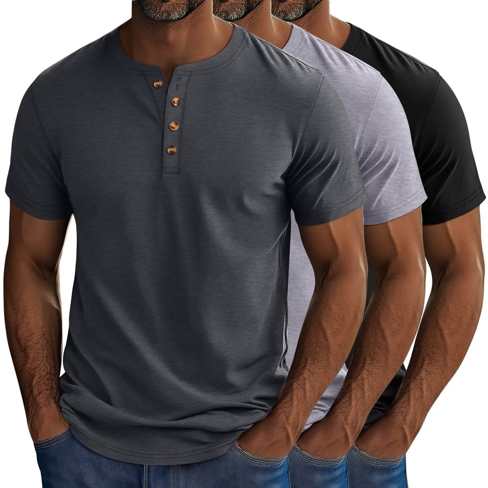 NEW Riyiper 3 Pack Men's Big and Tall Henley T-Shirts Cotton Short Sleeve Oversi
